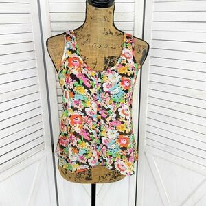 Ambiance Apparel Sheer Chiffon Floral Button Front Tank Top Small